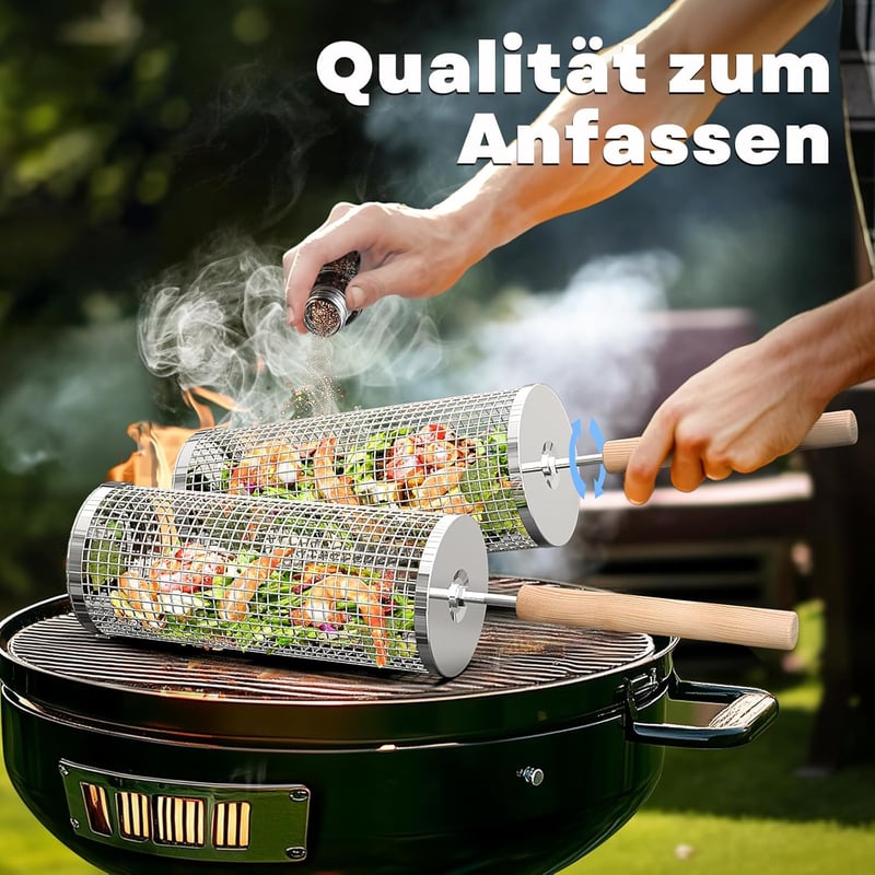 Rollender Grillkorb aus Edelstahl 304 mit abnehmbarem Holzgriff für Gemüse und Garnelen, ideales Geschenk zum Vatertag für Männer.