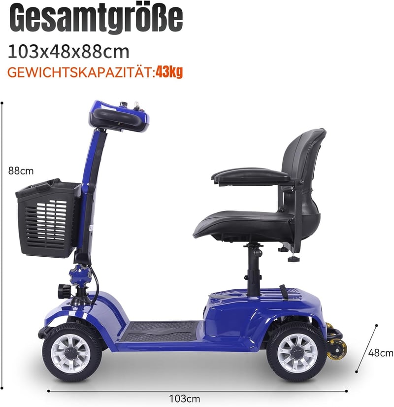 Faltbarer 4-Rad-Mobility Scooter für Senioren, 20 km Reichweite, mit LED-Scheinwerfer und Korb