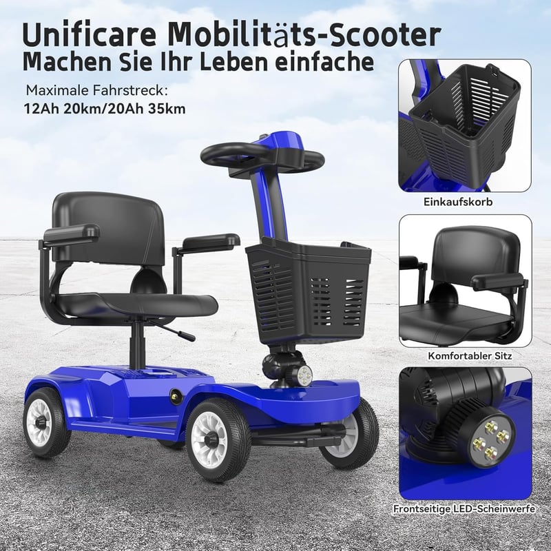 Faltbarer 4-Rad-Mobility Scooter für Senioren, 20 km Reichweite, mit LED-Scheinwerfer und Korb