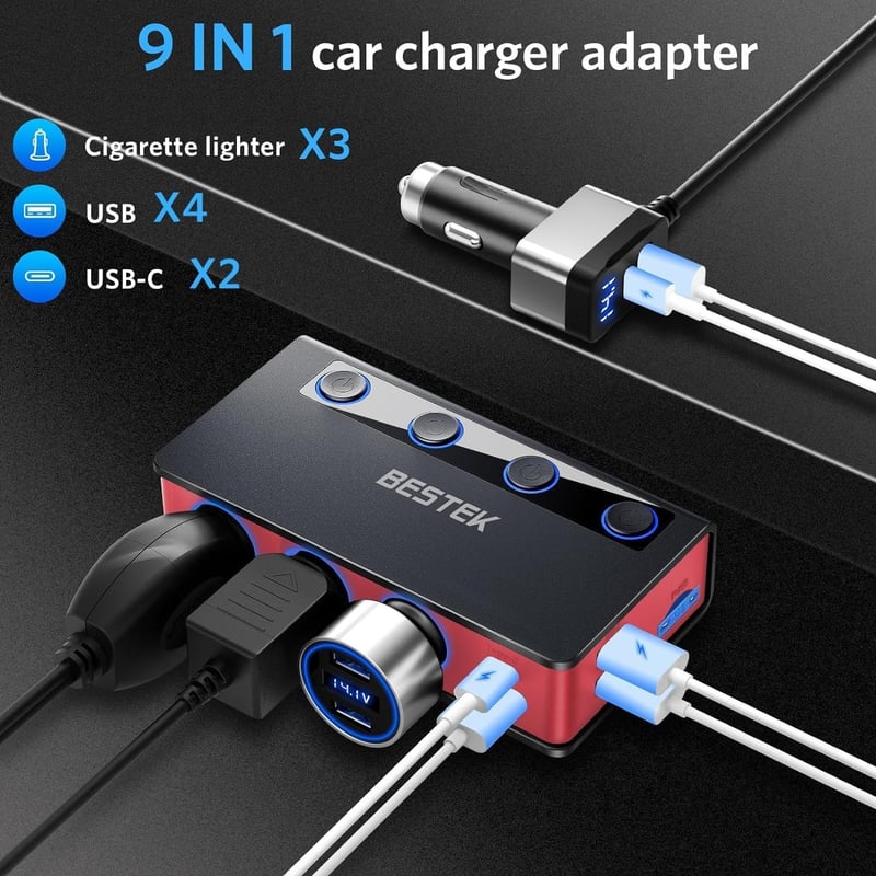 BESTEK 180W KFZ Ladegerät mit 9-in-1 Zigarettenanzünder und USB-C