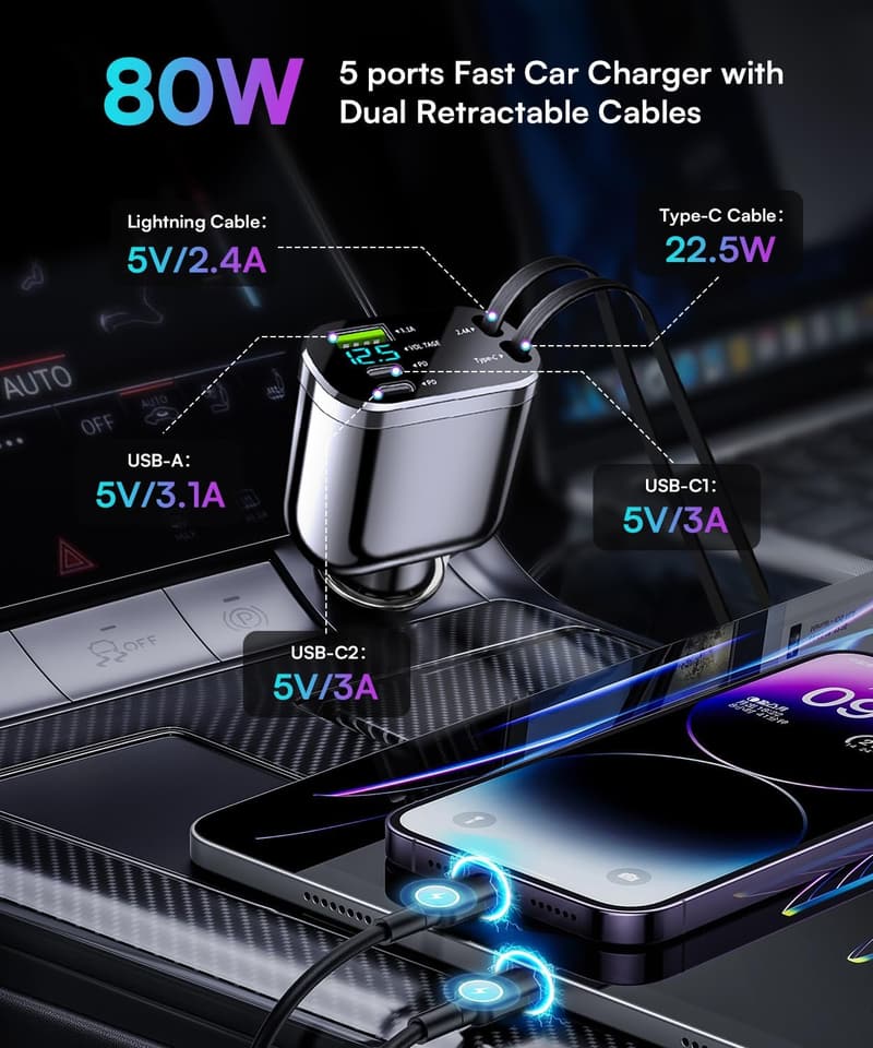 80W USB C Zigarettenanzünder Adapter mit LED Voltmeter für Auto