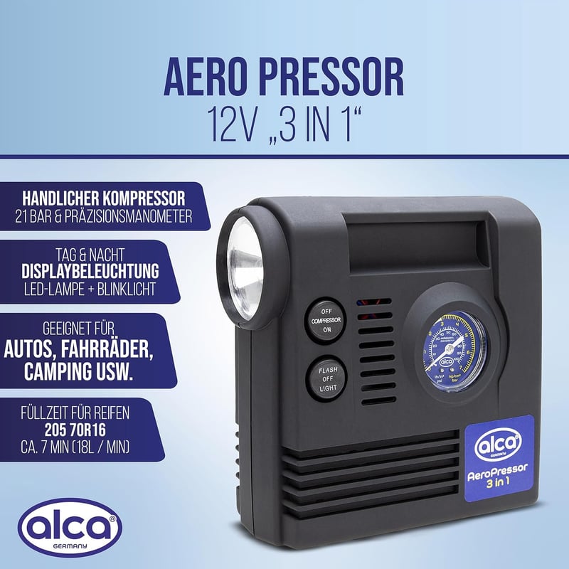alca® Mini-Auto-Kompressor 3in1 mit Licht, 21 bar, 12V