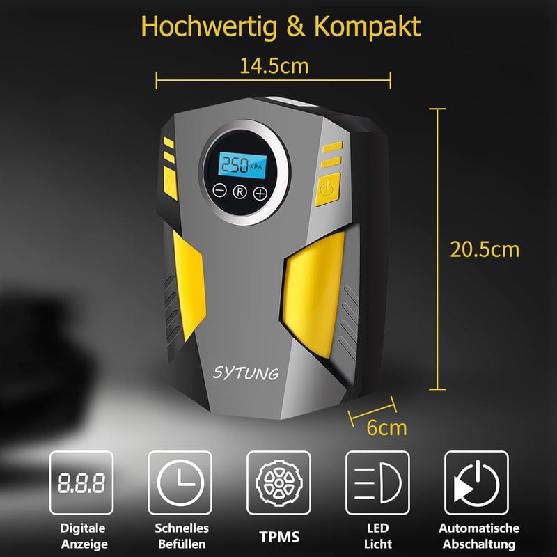 Tragbare 12V Luftkompressor mit LED und 3 Düsenadaptern für Reifen
