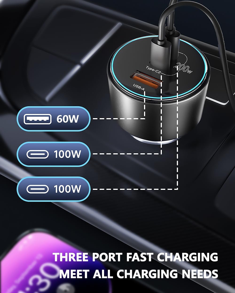 200W USB C Zigarettenanzünder mit 3-Port KFZ Ladegerät für iPhone und MacBook