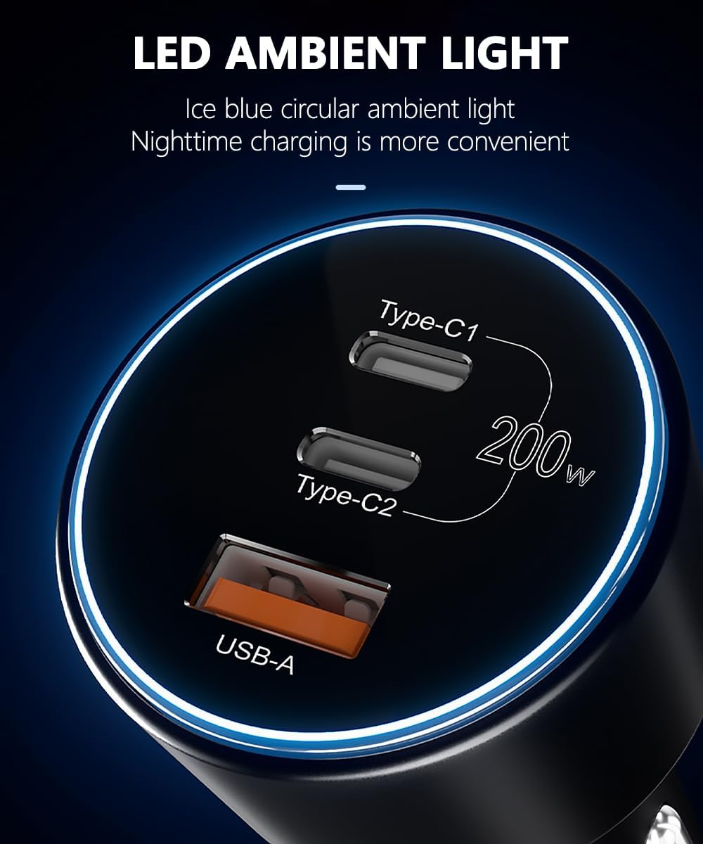200W USB C Zigarettenanzünder mit 3-Port KFZ Ladegerät für iPhone und MacBook