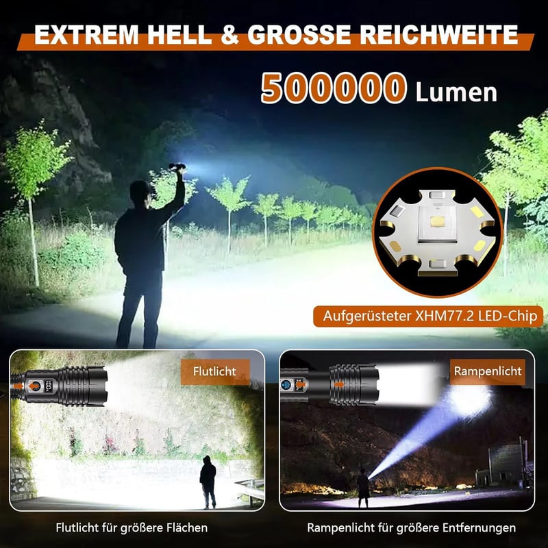 Extreme LED-Taschenlampe 500000 Lumen - Wiederaufladbar für Outdoor-Einsätze