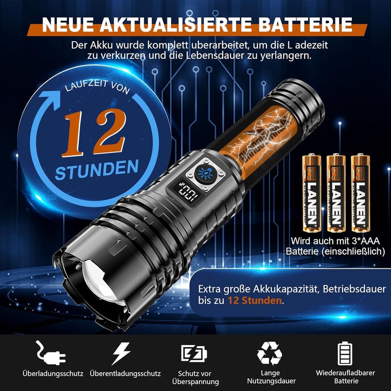 Extreme LED-Taschenlampe 500000 Lumen - Wiederaufladbar für Outdoor-Einsätze