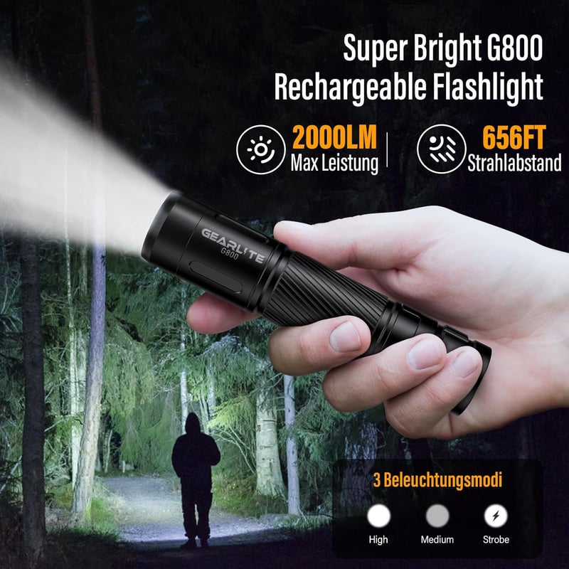 Wiederaufladbare 2000 Lumen Mini-Taschenlampe für Camping und Outdoor