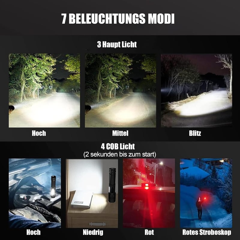 LED-Wiederaufladbare Taschenlampe 500000 Lumen, wasserdicht, 7 Modi