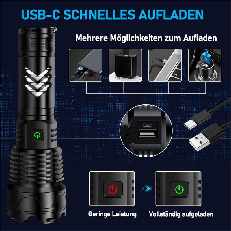 Wiederaufladbare LED-Taschenlampe mit 500.000 Lumen, IPX7, 5 Modi