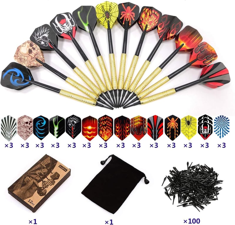 Dartpfeile Set mit Kunststoffspitzen, 12 Softdarts + 30 Flights