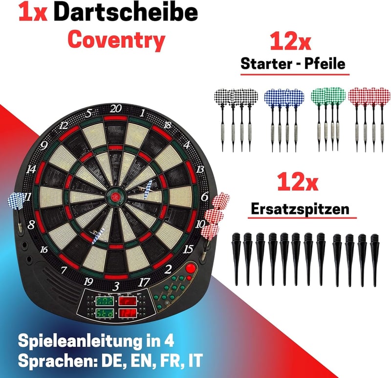 Elektronische Dartscheibe Coventry – 27 Spiele, 16 Spieler, LED-Anzeigen, inkl. 12 Dartpfeile