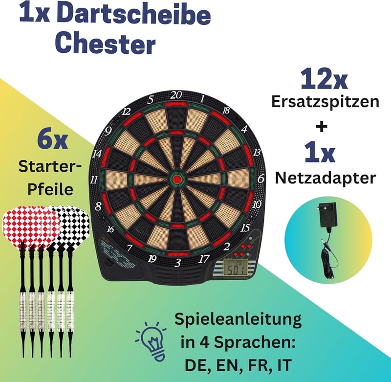 Elektronische Dartscheibe Chester 2 mit LCD-Anzeige für 4 Spieler