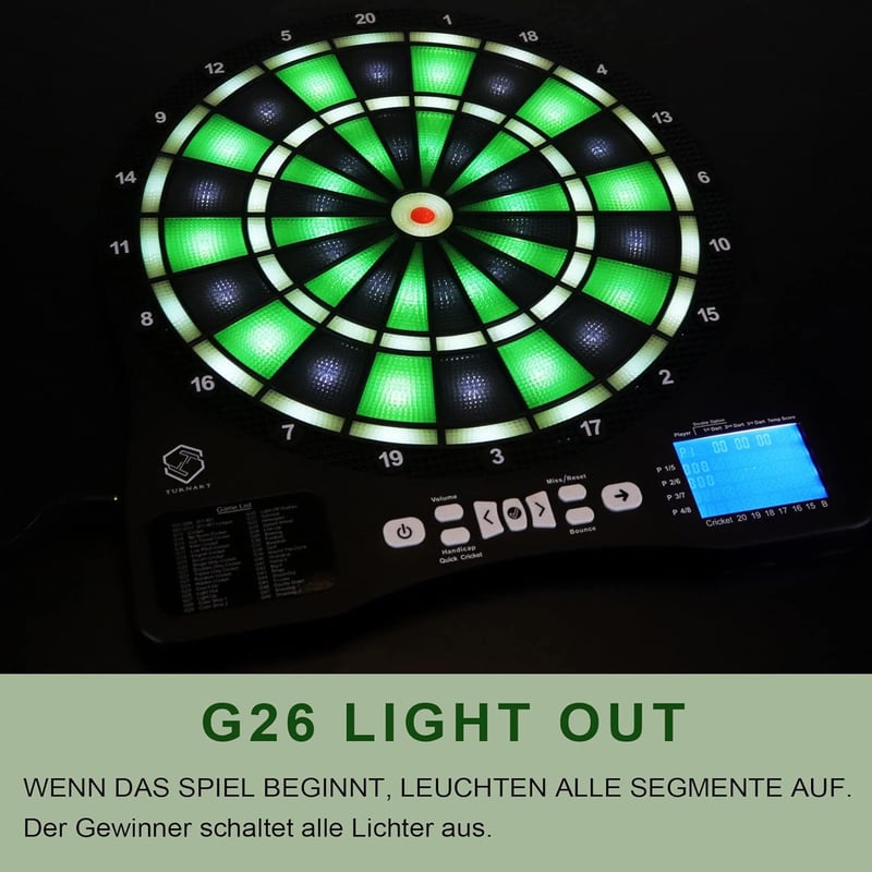 Elektronische Dartscheibe mit LED-Beleuchtung und 6 Soft-Darts