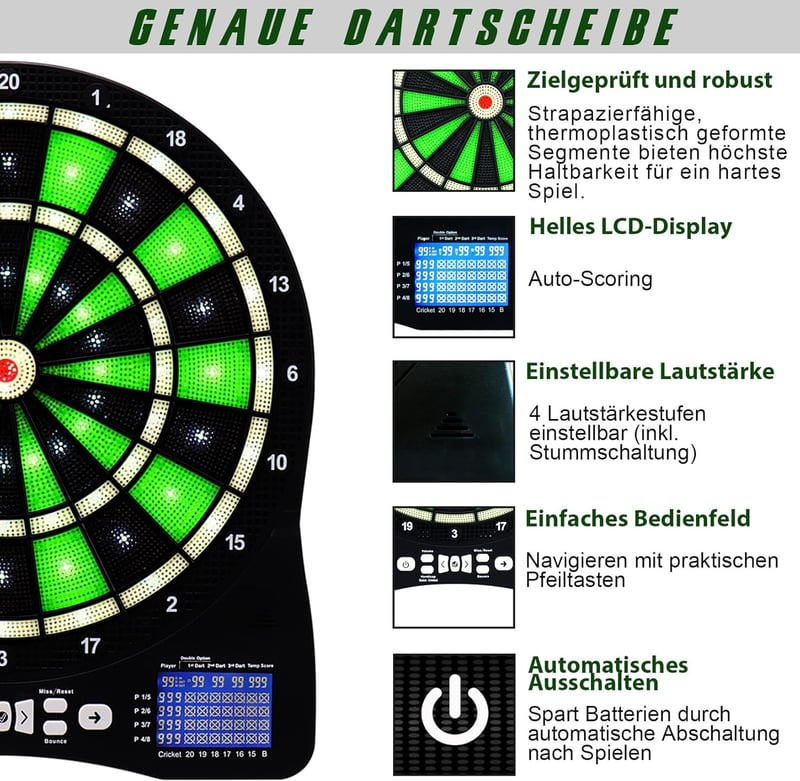 Elektronische Dartscheibe mit LED-Beleuchtung und 6 Soft-Darts