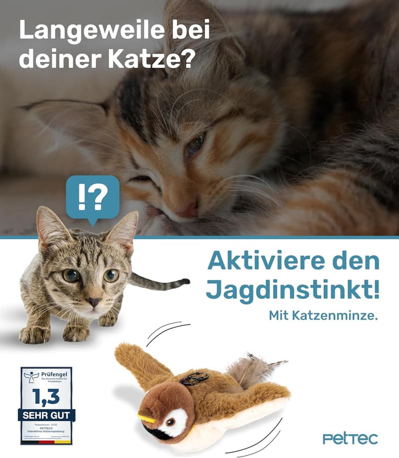 PetTec® Interaktives Katzenspielzeug mit Katzenminze - Beweglicher Vogel