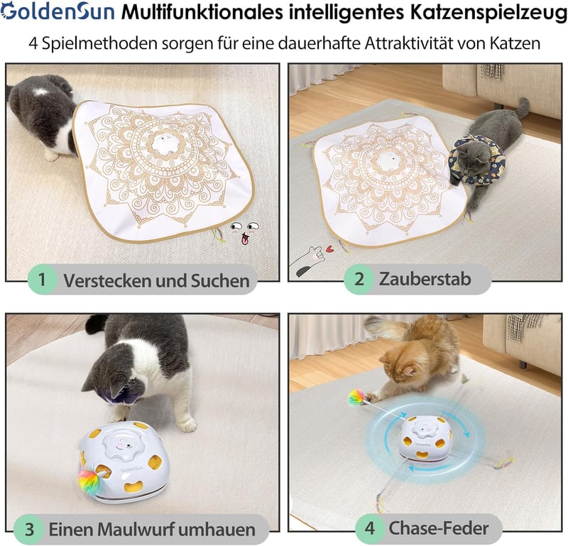 Interaktives 4-in-1 Katzenspielzeug für drinnen – Aufladbar mit 3 Ersatzfedern