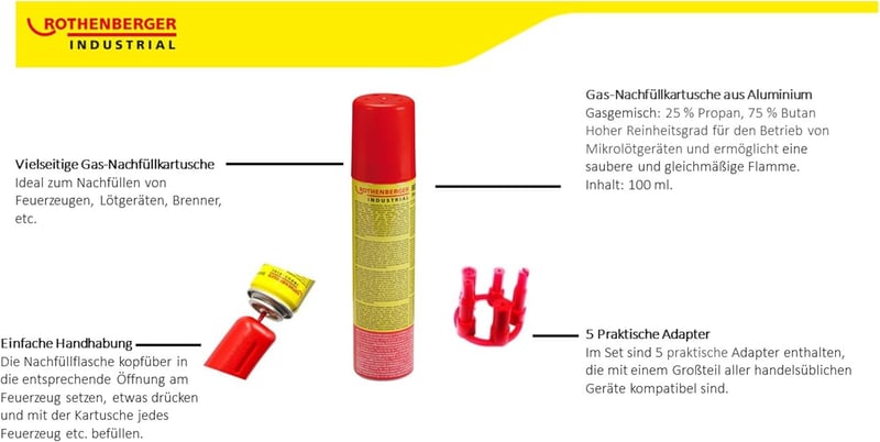 Nachfüllgas 100 ml für Feuerzeuge und Gasbrenner mit 5 Adaptern