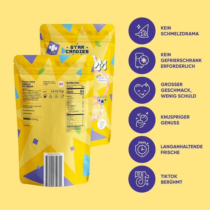 Gefriergetrocknetes Vanilleeis | Weltraum-Snack für Partys und Camping (50 g)
