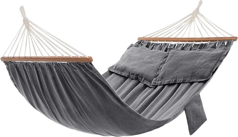 Outdoor Hängematte grau mit 2 Kissen und Holzstangen, 300 kg belastbar, 210 x 150 cm
