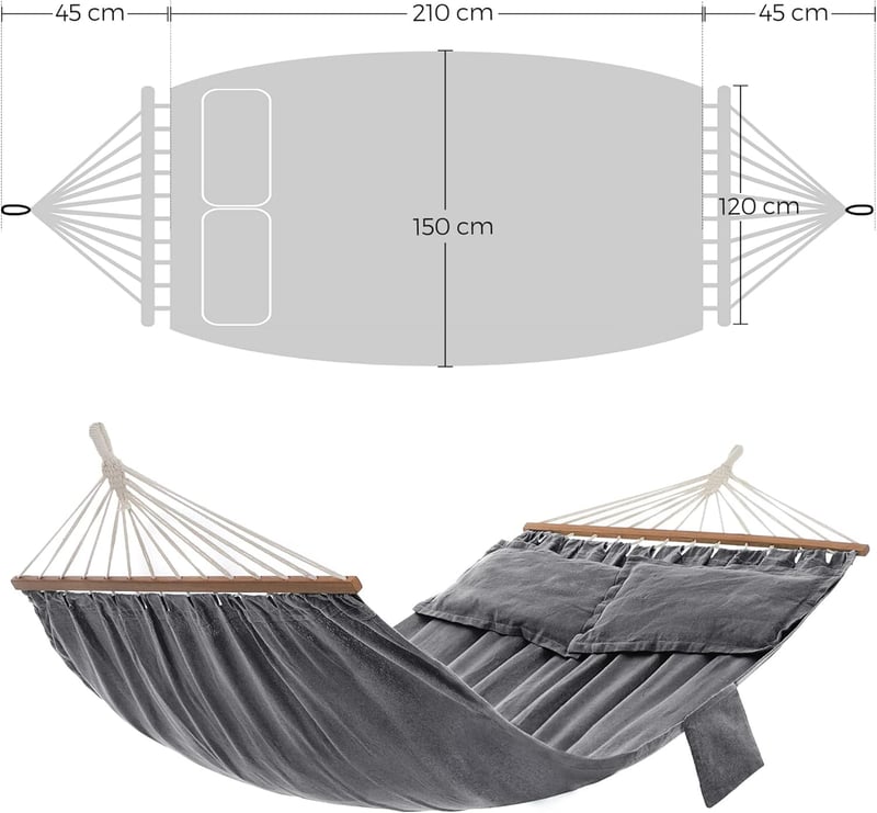 Outdoor Hängematte grau mit 2 Kissen und Holzstangen, 300 kg belastbar, 210 x 150 cm