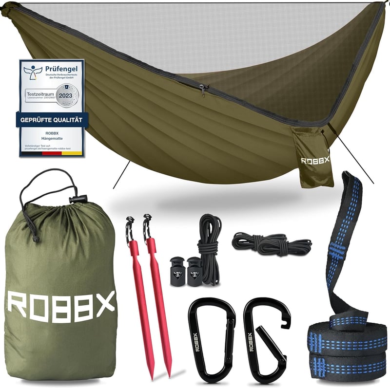 Outdoor Hängematte für 2 Personen mit Moskitonetz und Befestigungs-Set, 300 kg Traglast, 290x140 cm, Oliv