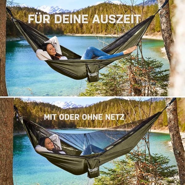 Outdoor Hängematte für 2 Personen mit Moskitonetz und Befestigungs-Set, 300 kg Traglast, 290x140 cm, Oliv