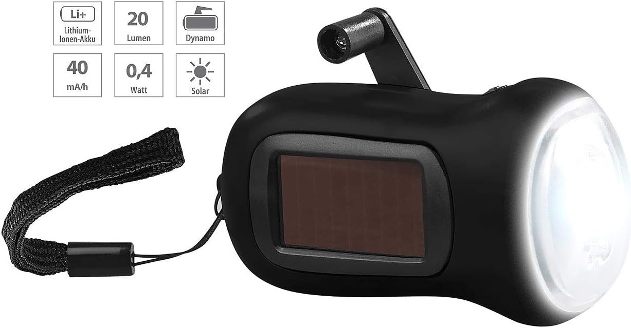 Dynamo-LED-Taschenlampe mit Solarpanel und Akku, 20 Lumen
