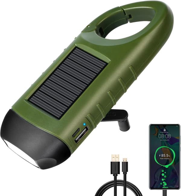 Kleine Kurbel-LED-Taschenlampe mit USB und Solar für Outdoor Einsatz