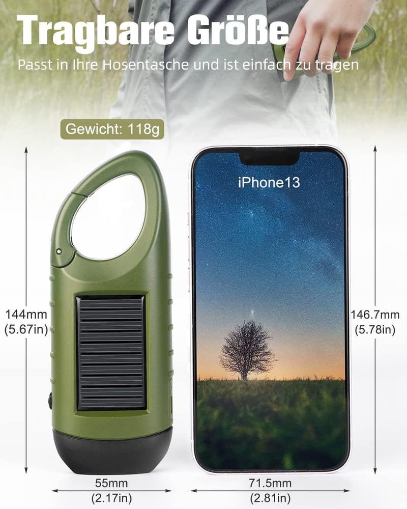 Kleine Kurbel-LED-Taschenlampe mit USB und Solar für Outdoor Einsatz