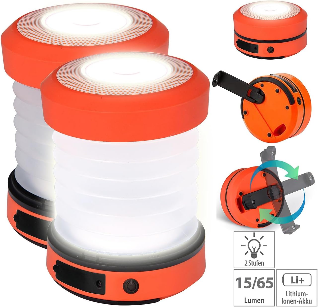 Dynamo Campinglampe im 2er-Set mit Handkurbel und 65 Lumen