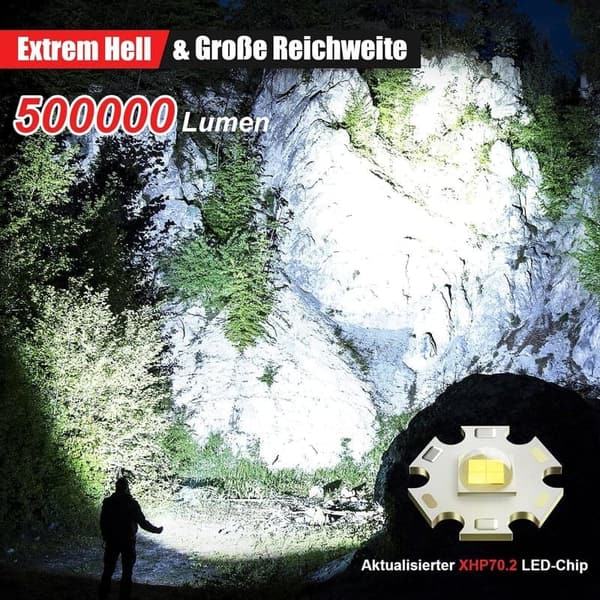 Extrem helle Shadowhawk LED-Taschenlampe 500000 Lumen, USB aufladbar, IP67 wasserdicht, 5 Lichtmodi