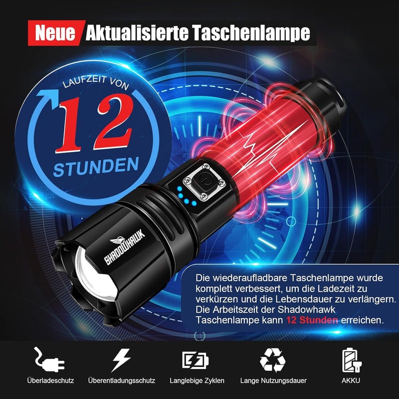 Extrem helle Shadowhawk LED-Taschenlampe 500000 Lumen, USB aufladbar, IP67 wasserdicht, 5 Lichtmodi