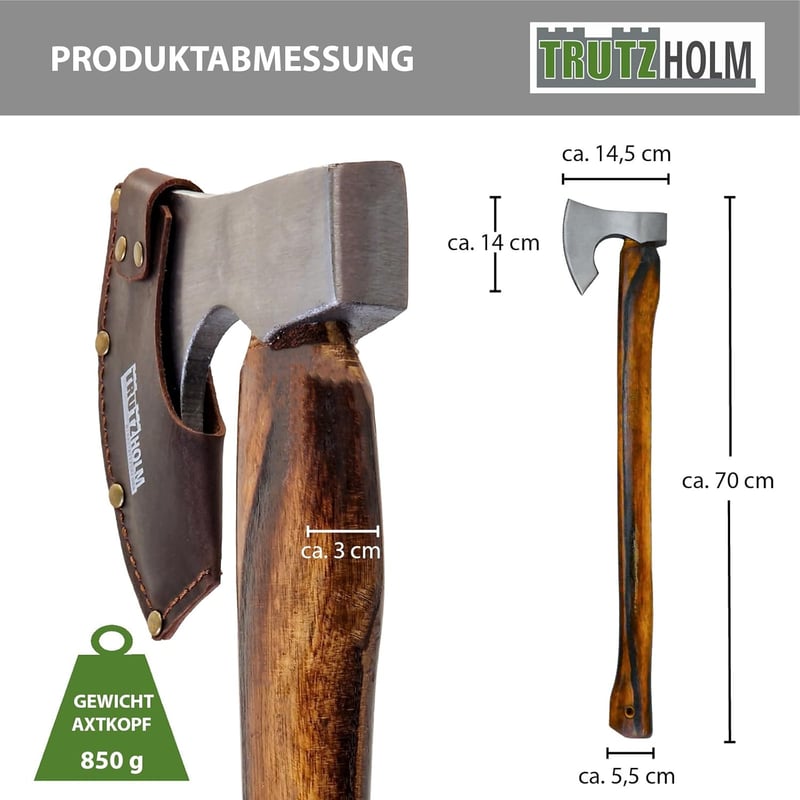 Vintage Axt aus C45 Stahl, Hickorygriff - Freizeitbeil mit Lederklingenschutz (700 mm)