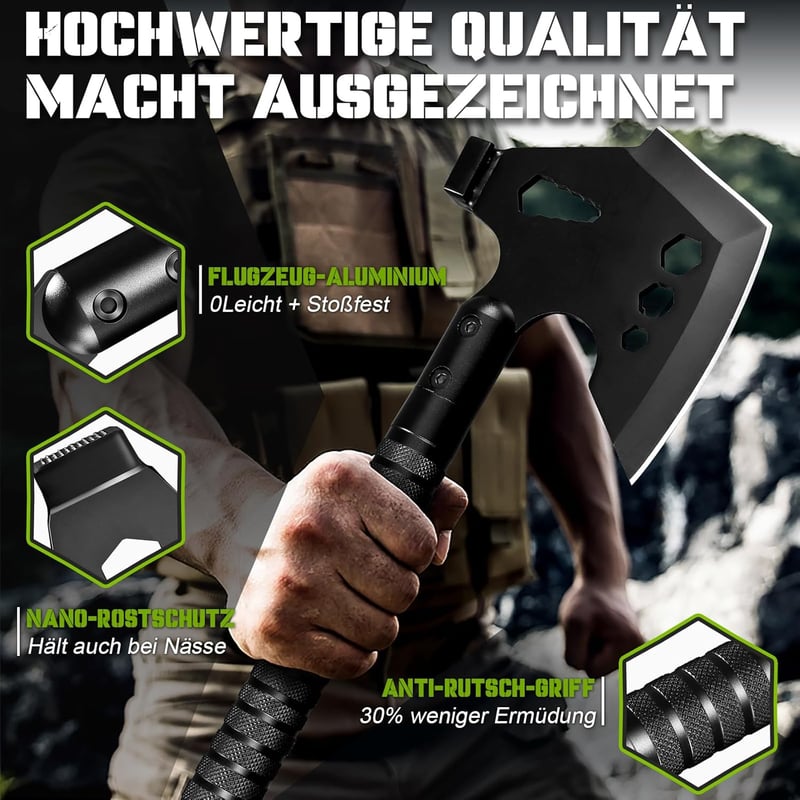 Multifunktionale Campingaxt mit 8 Funktionen und rutschfestem Griff