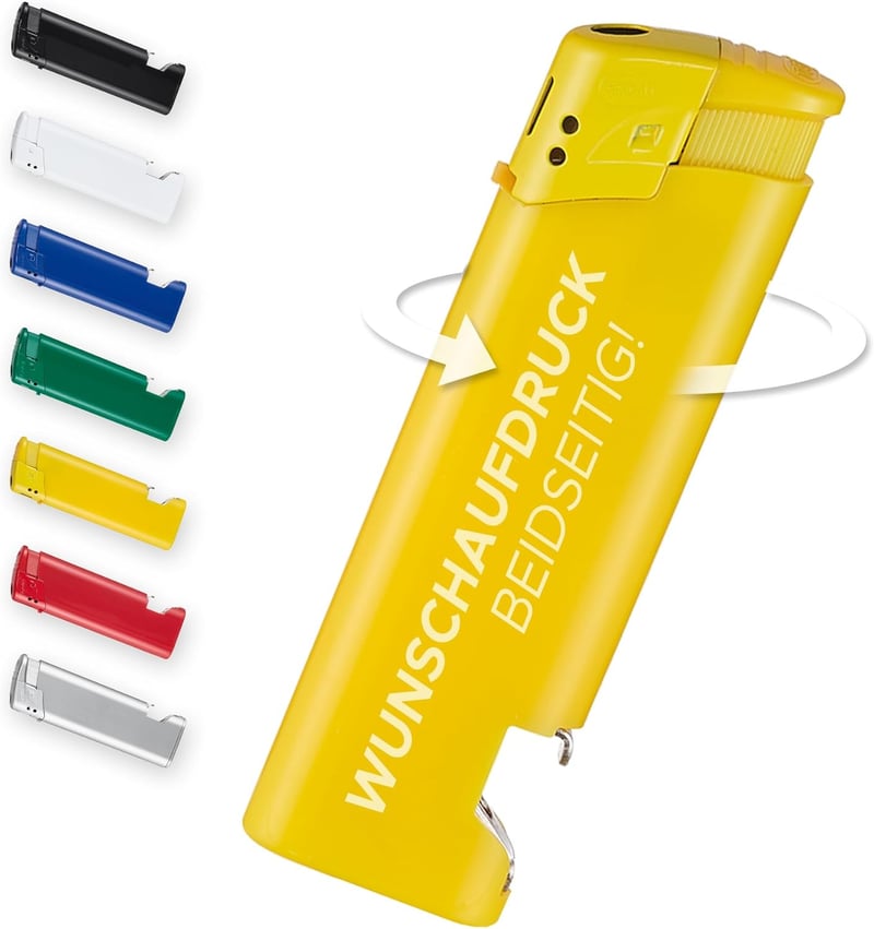 50 personalisierte gelbe Feuerzeuge mit Flaschenöffner – Ideal für Promotion und Events