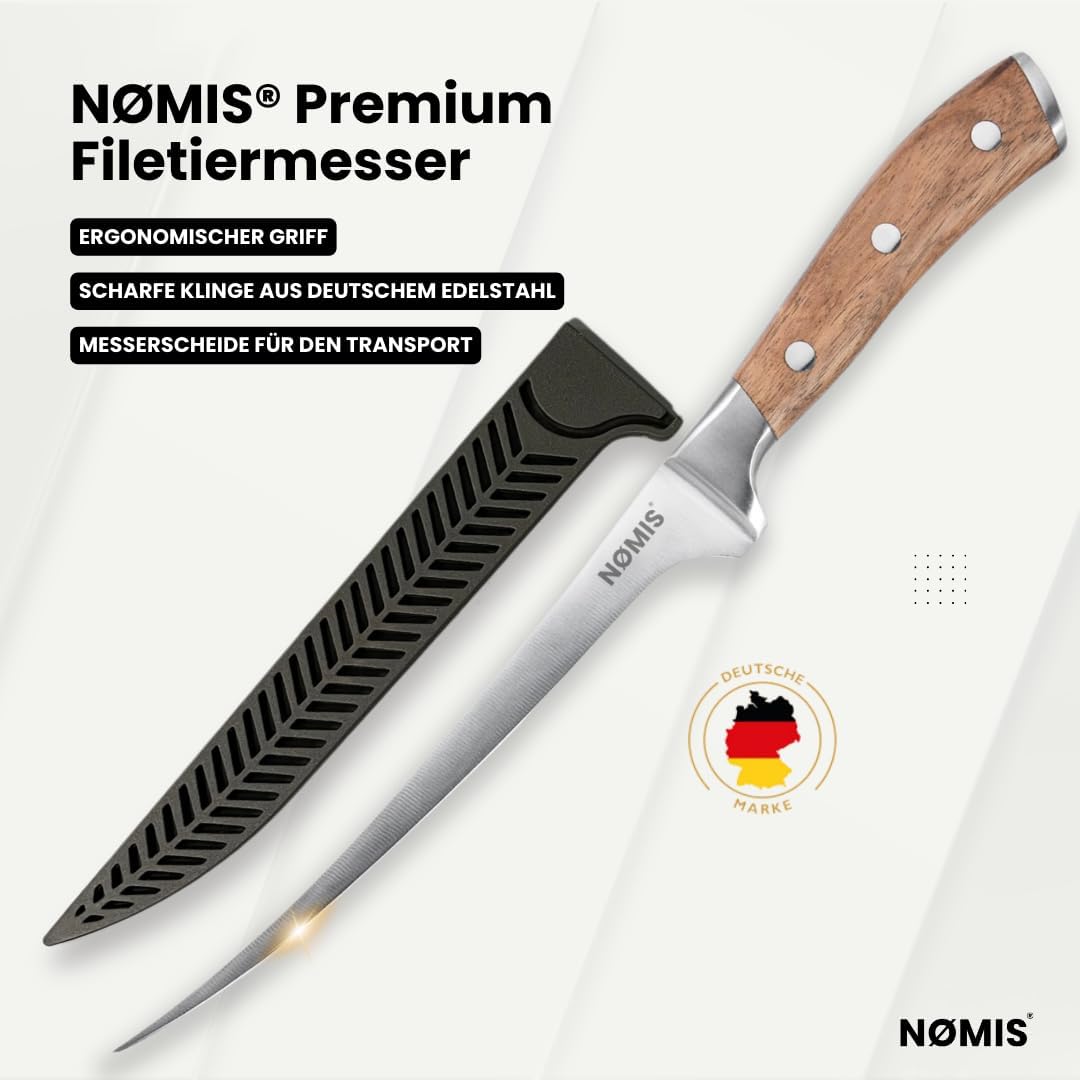 NØMIS Premium Fischfiliermesser 18,5 cm aus deutschem Edelstahl mit Zebraholzgriff