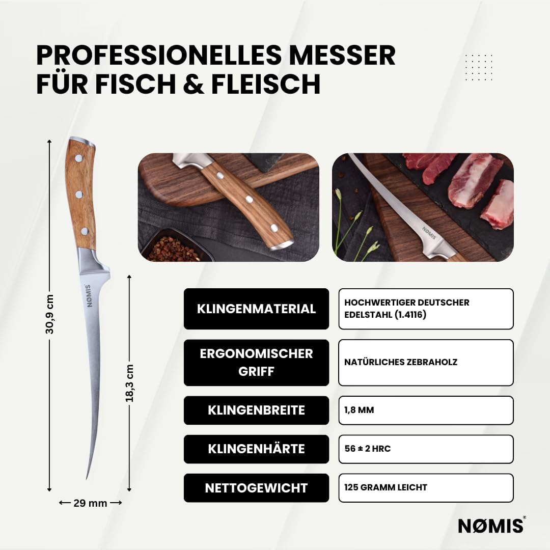 NØMIS Premium Fischfiliermesser 18,5 cm aus deutschem Edelstahl mit Zebraholzgriff