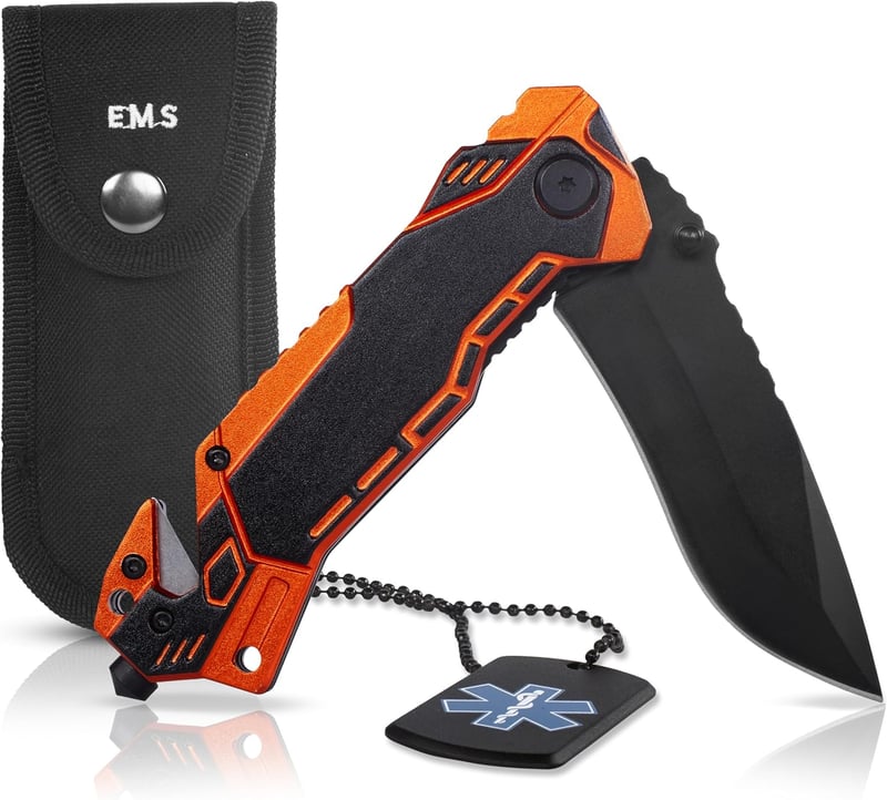 KOSxBO® EMS Rettungsmesser mit Glasbrecher und Gurtschneider, schwarz-orange