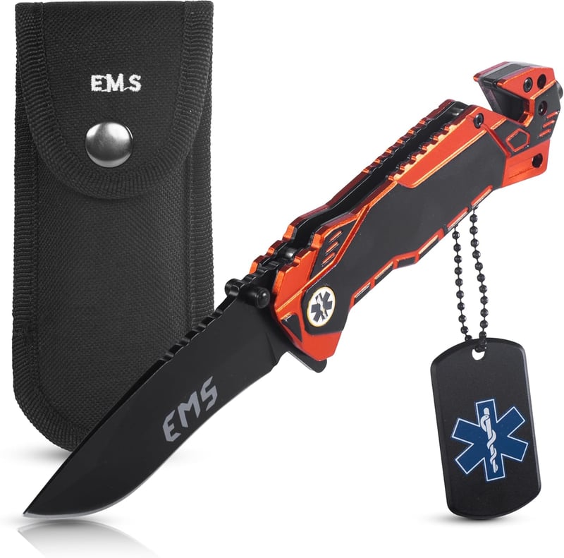 KOSxBO® EMS Rettungsmesser mit Glasbrecher und Gurtschneider, schwarz-orange