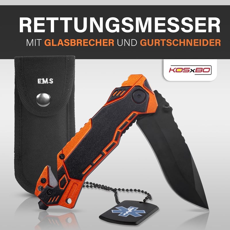 KOSxBO® EMS Rettungsmesser mit Glasbrecher und Gurtschneider, schwarz-orange