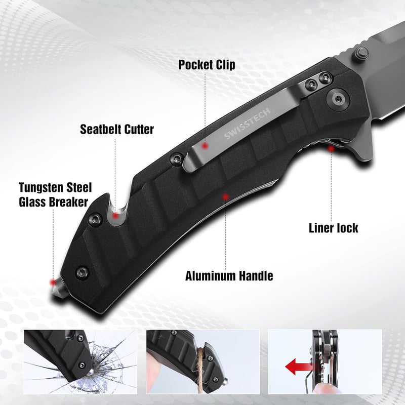 Swiss+Tech Klappmesser mit Taschenclip, Glasbrecher und Gurtschneider für Camping und Jagd