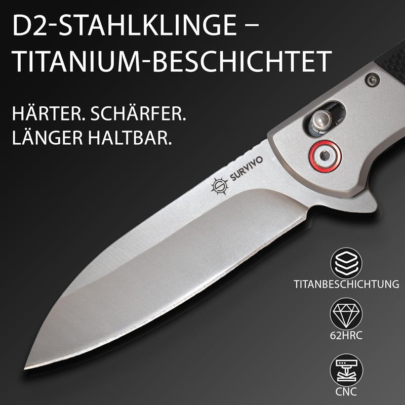 SURVIVO SK1 D2-Stahl Klappmesser mit Titan-Beschichtung – Outdoor EDC