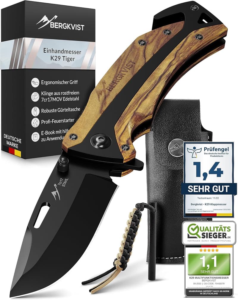 Bergkvist K29 Taschenmesser aus Echtholz für Outdoor & Camping, Bronze A' Design Award 2021
