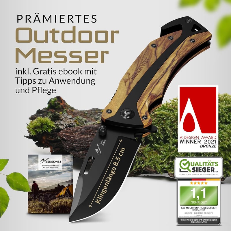 Bergkvist K29 Taschenmesser aus Echtholz für Outdoor & Camping, Bronze A' Design Award 2021