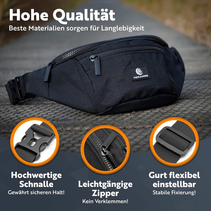 Schwarze wasserabweisende Bauchtasche für Herren und Damen, ideal für Festivals und Outdoor-Aktivitäten