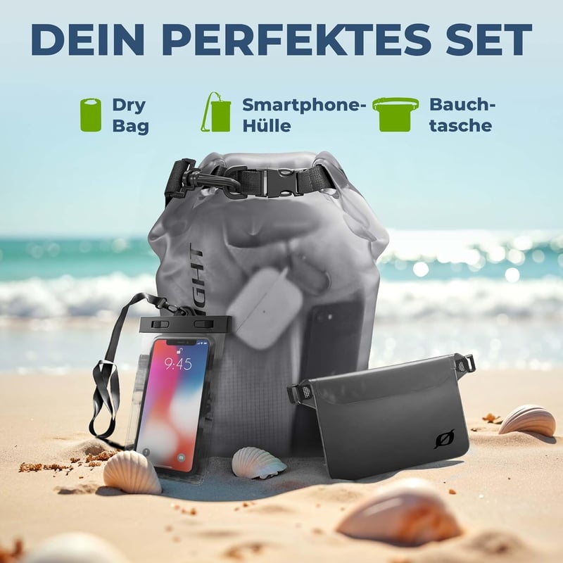Wasserdichter Drybag mit Roll-Top für Schwimmen und Strand - 2l bis 30l