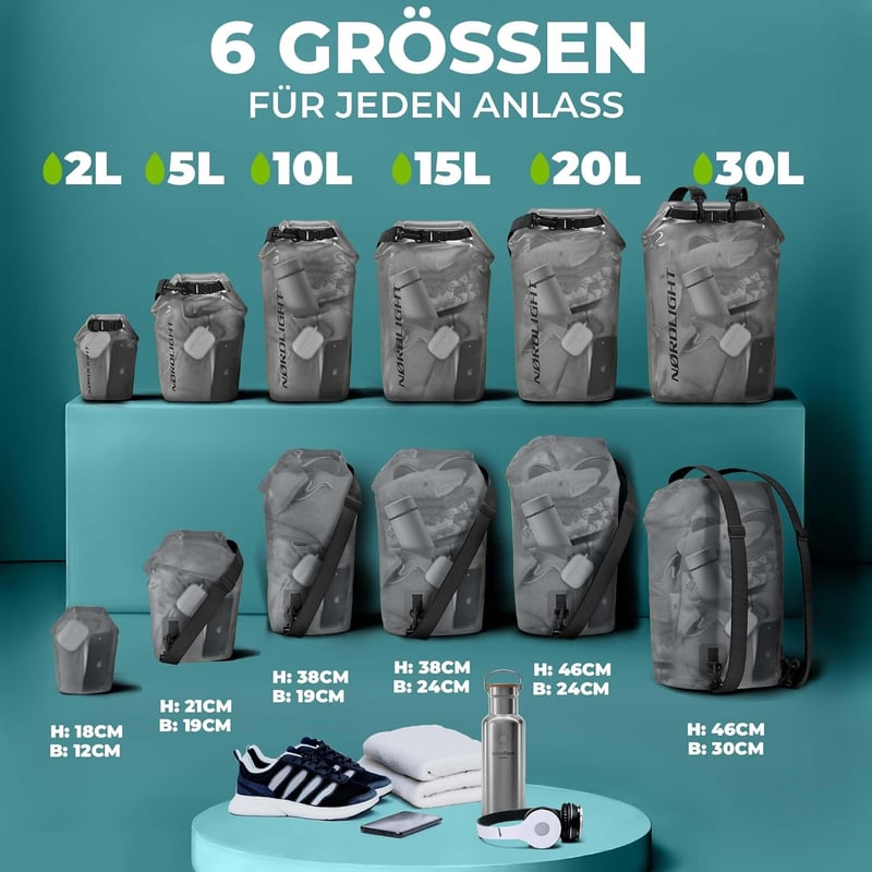 Wasserdichter Drybag mit Roll-Top für Schwimmen und Strand - 2l bis 30l