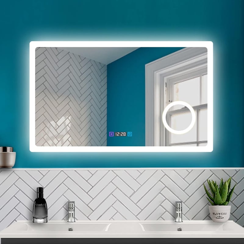 Beleuchteter Badspiegel 100x60cm mit Uhr und Dimmfunktion, beschlagfrei