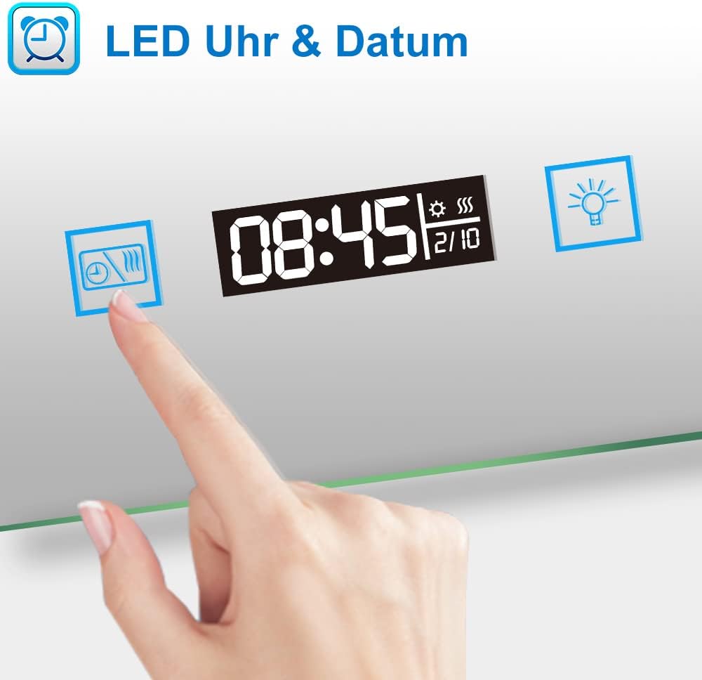 Beleuchteter Badspiegel 100x60cm mit Uhr und Dimmfunktion, beschlagfrei